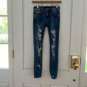 Zara Trafaluc medium wash destroyed distressed stretch jeggings Womens Sz 2